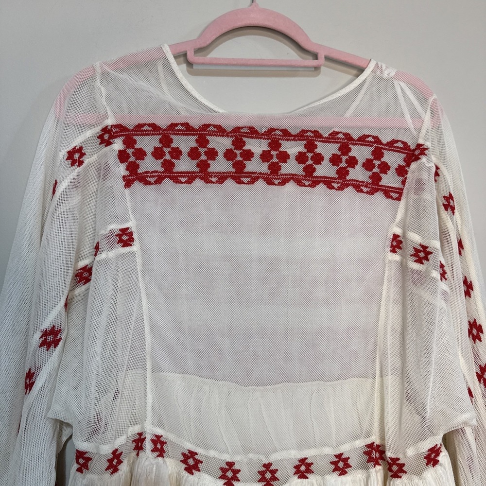 NWT Free People Women Need Me Mini Flowy Dress Ivory Long Sleeve Red Embroidery - Picture 11 of 16